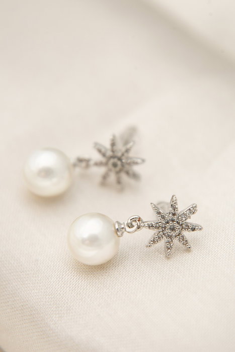 Heliophilia Silver Pendientes de Metal con Perla y Estrella Plata